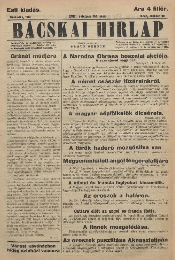 Bácskai Hirlap, 18. évf. 1914. október 20. 255. sz.