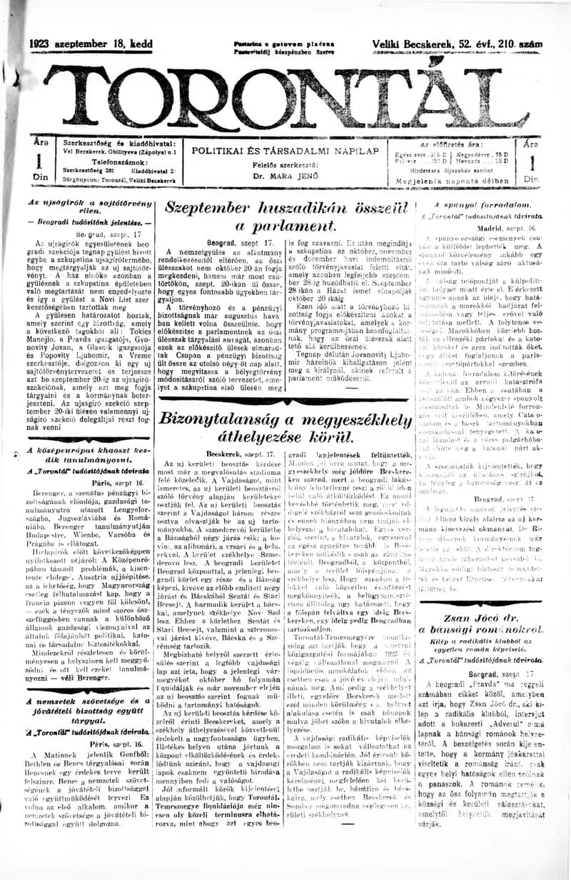 Torontál, 52. évf. 1923. szeptember 18. 210. sz.