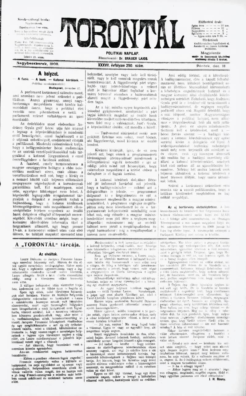 Torontál, 37. évf. 1908. december 18. 290. sz.