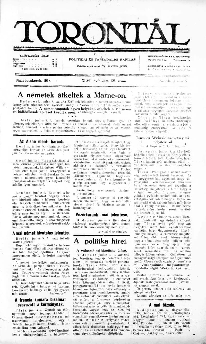 Torontál, 47. évf. 1918. június 5. 126. sz.
