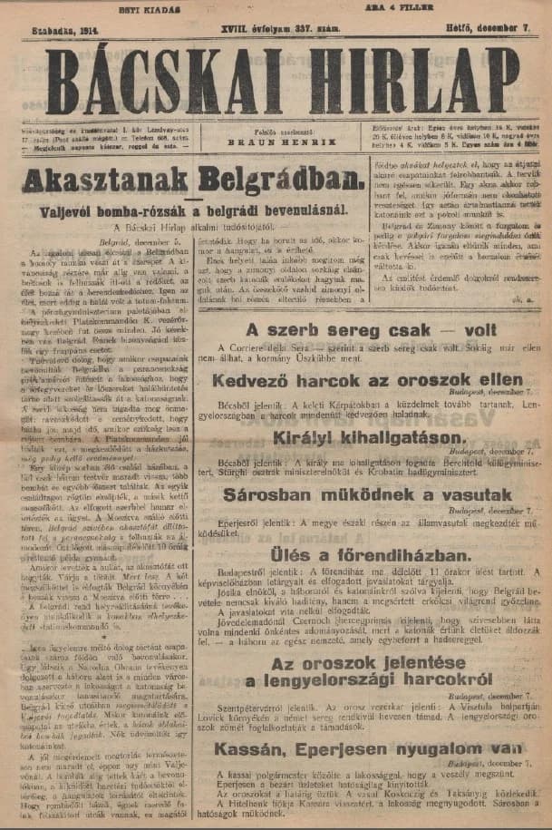 Bácskai Hirlap, 18. évf. 1914. december 7. 337. sz.