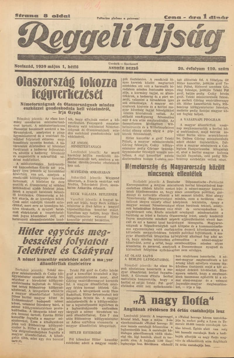 Reggeli Újság, 20. évf. 1939. május 1. 120. sz.