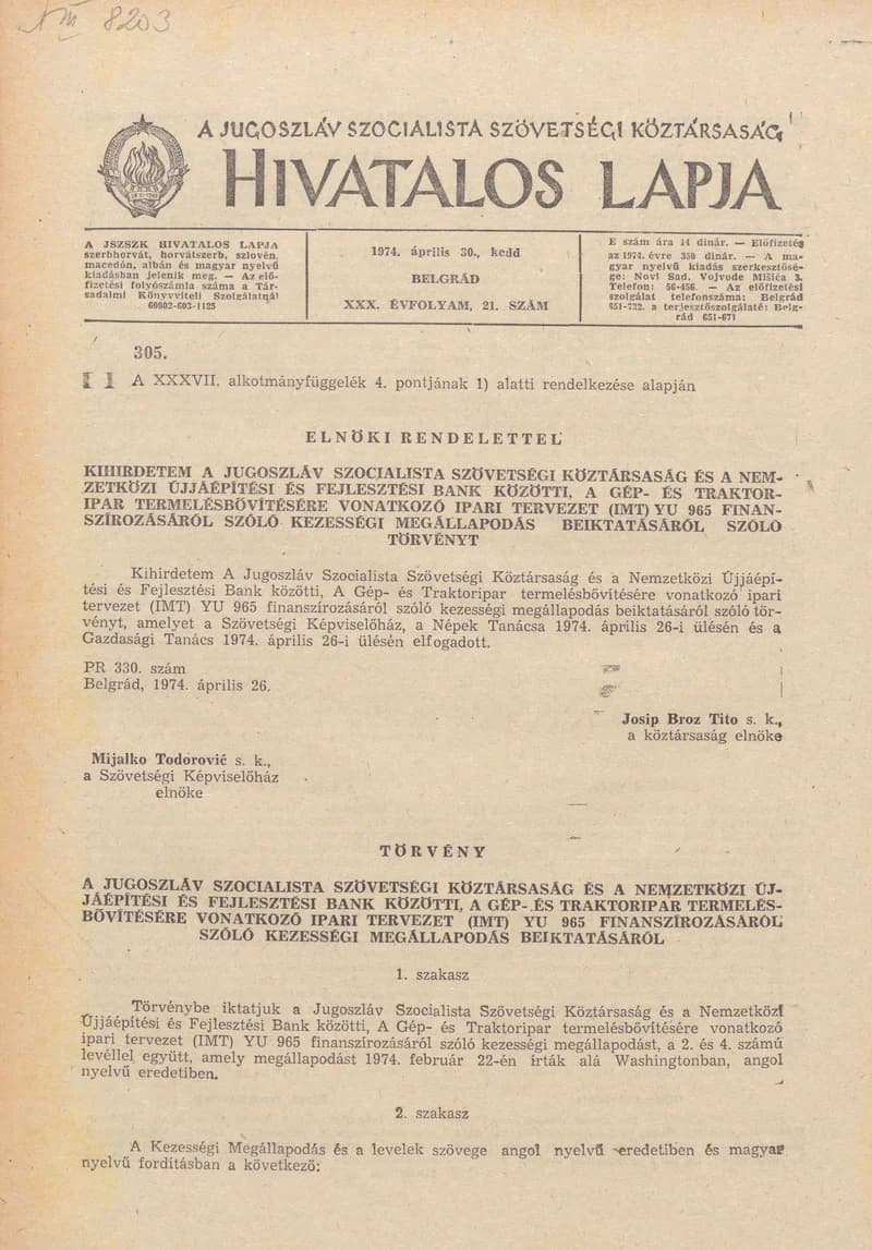 A Jugoszláv Szocialista Szövetségi Köztársaság Hivatalos Lapja, 30. évf. 1974. április 30. 21. sz. 589–644. oldal
