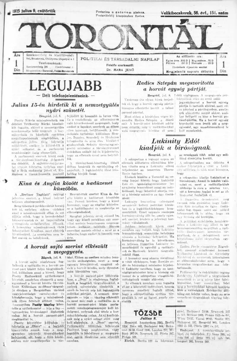 Torontál, 54. évf. 1925. július 9. 151. sz.
