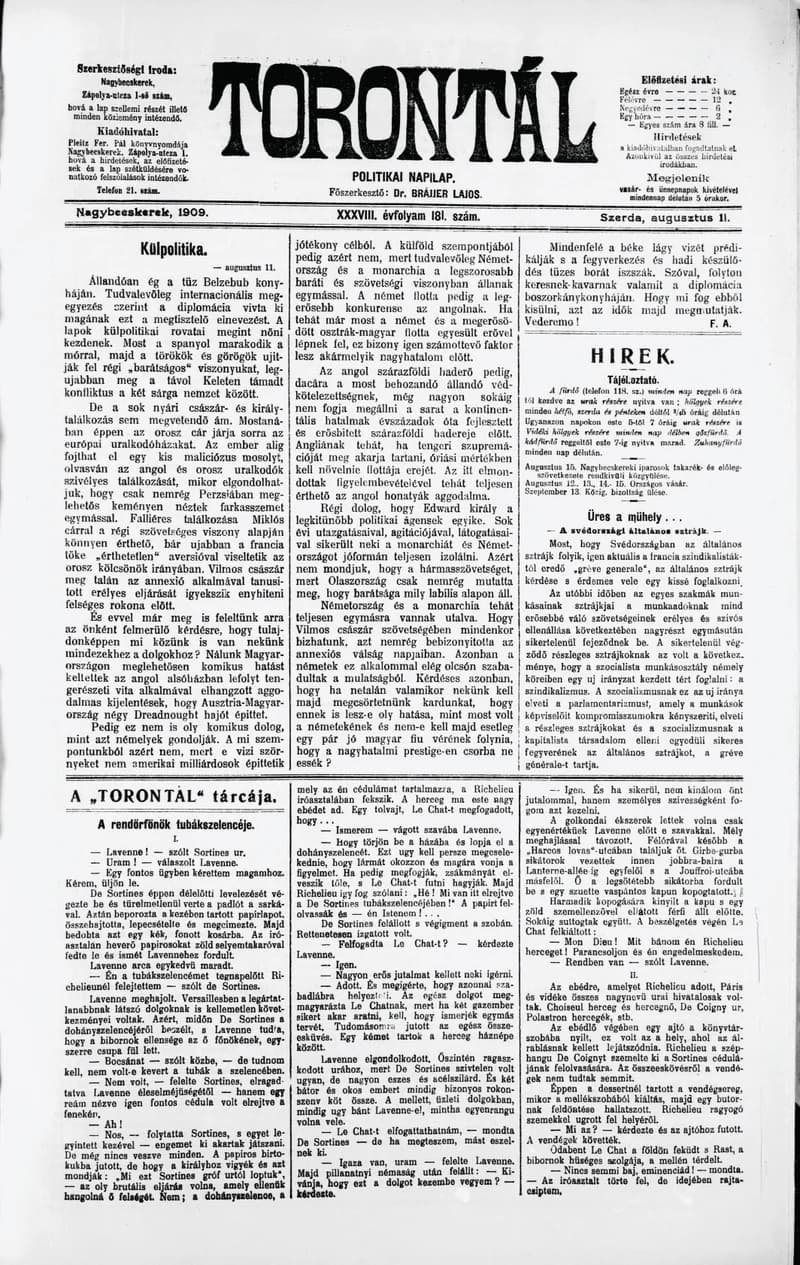 Torontál, 38. évf. 1909. augusztus 11. 181. sz.