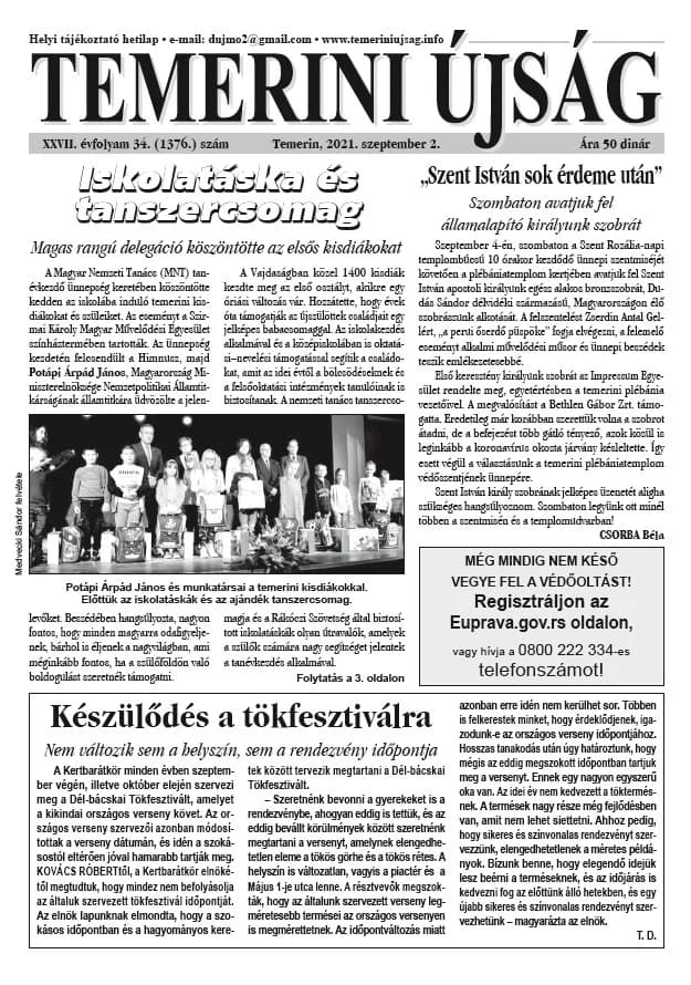 Temerini Újság, 27. évf. 2021. szeptember 2. 34. sz.