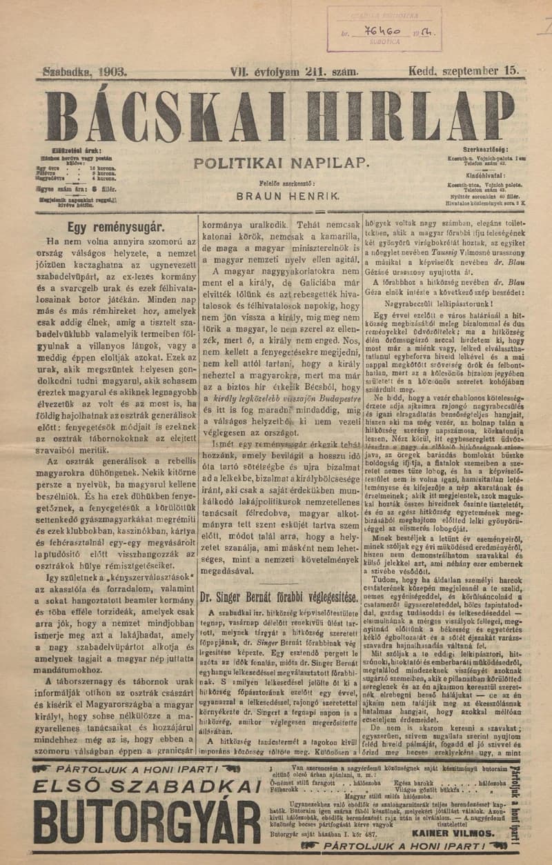 Bácskai Hirlap, 7. évf. 1903. szeptember 15. 211. sz.