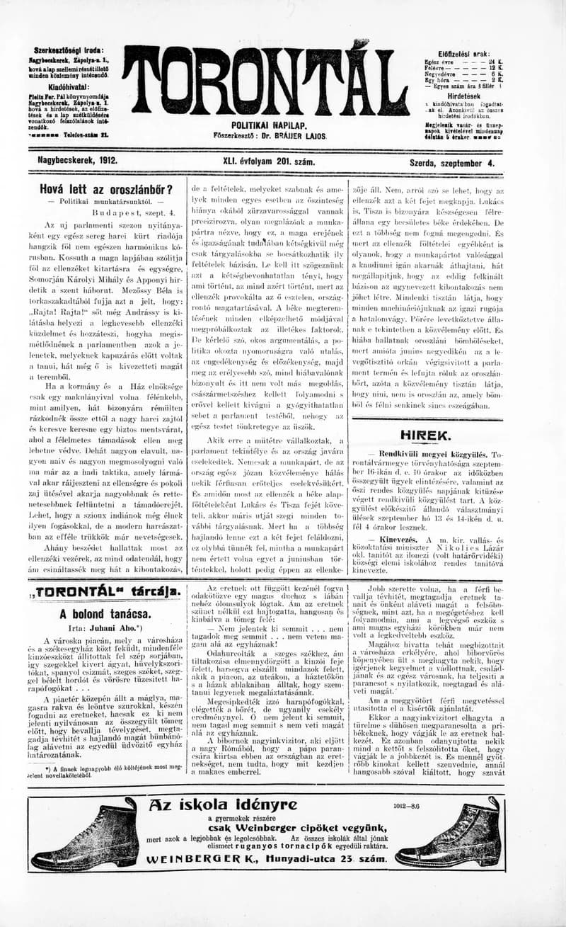 Torontál, 41. évf. 1912. szeptember 4. 201. sz.