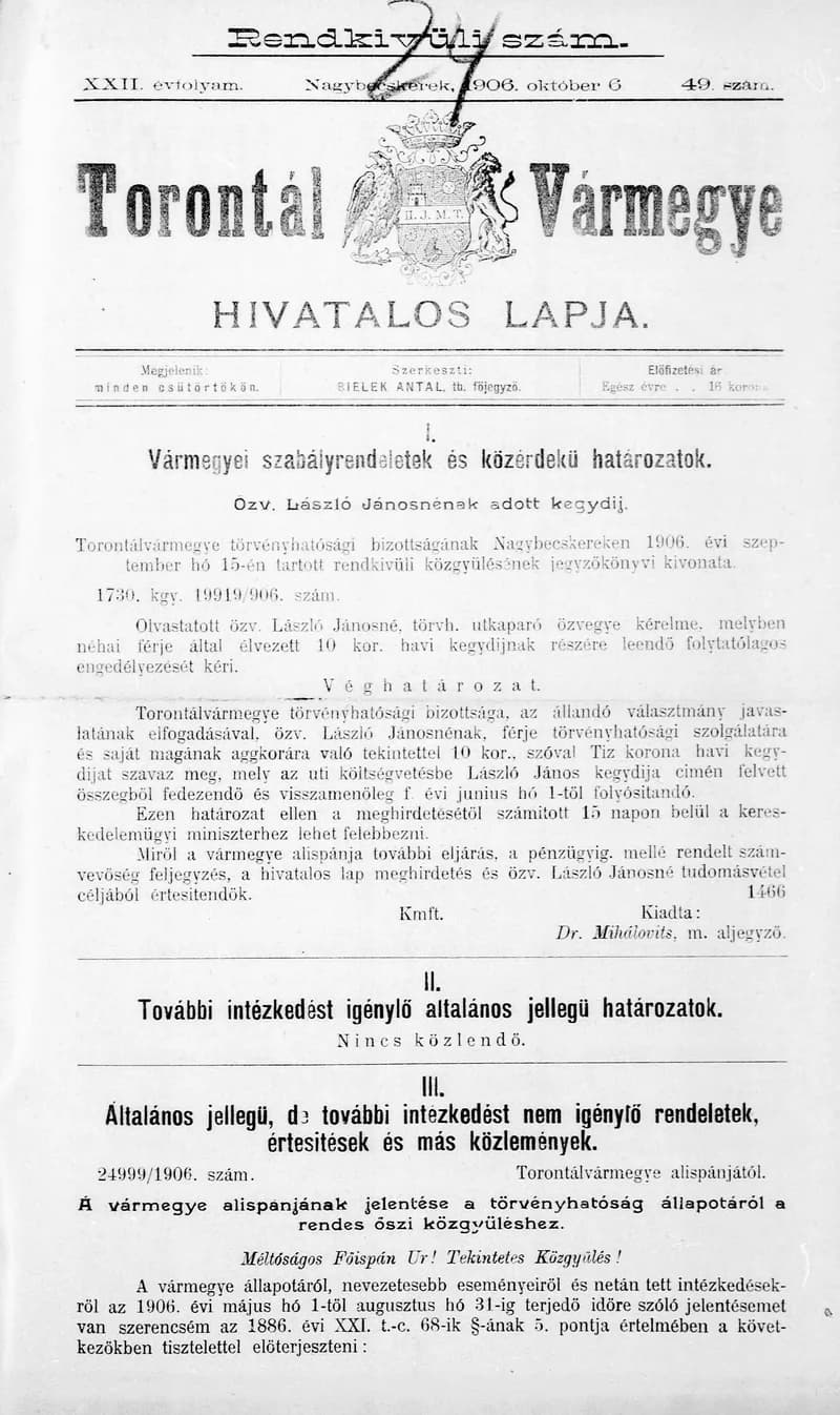 Torontál Vármegye Hivatalos Lapja, 22. évf. 1906. október 6. 49. sz.