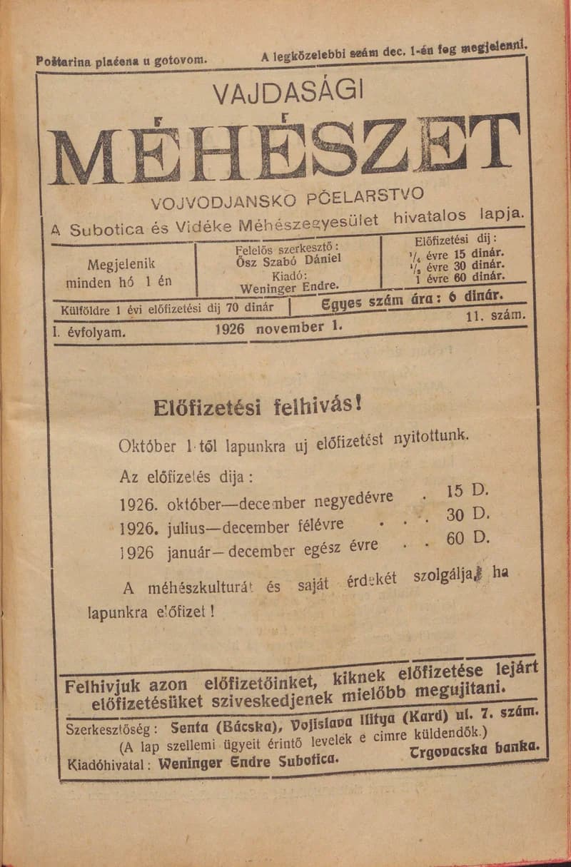 Vajdasági méhészet, 1. évf. 1926. november 1. 11. sz.