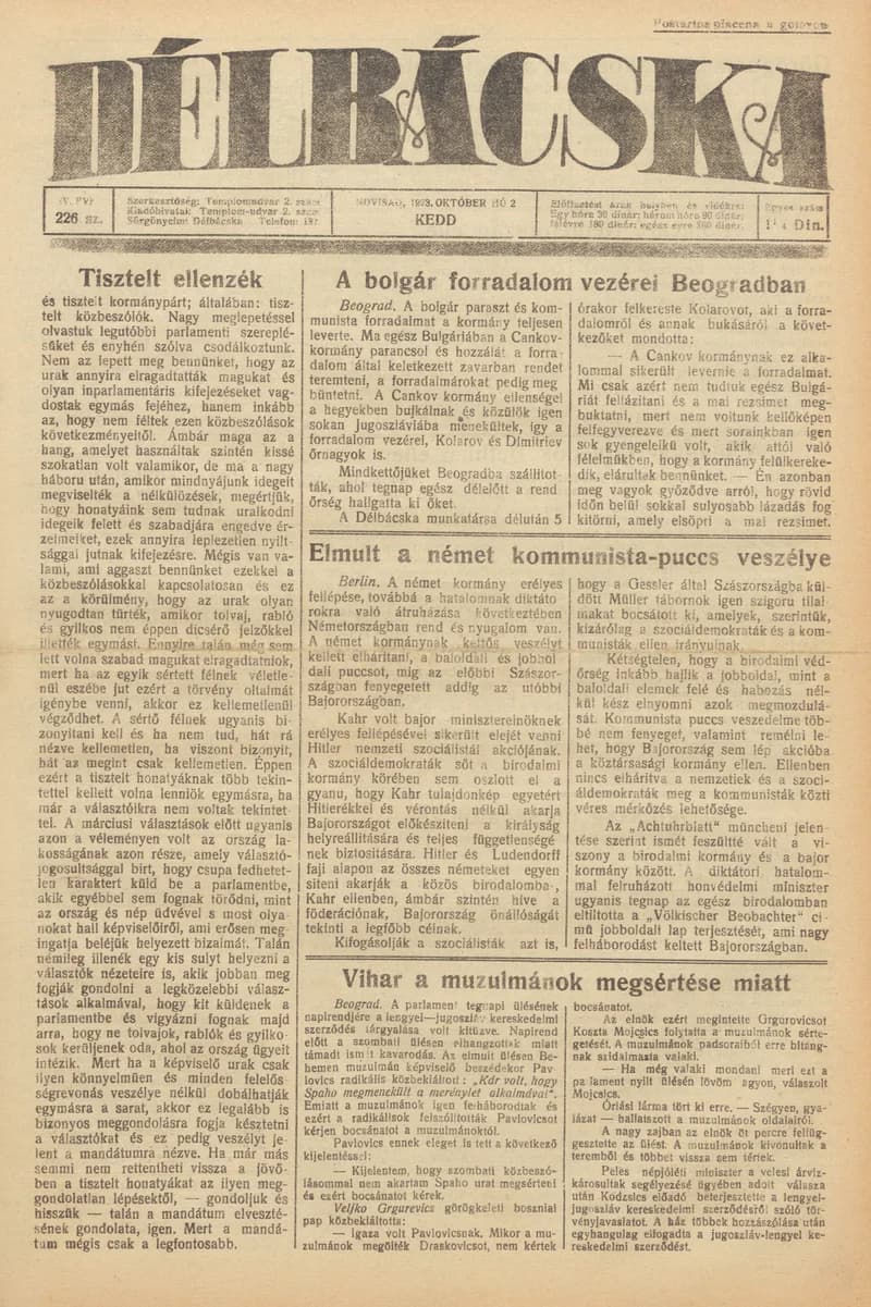 Délbácska, 4. évf. 1923. október 2. 226. sz.