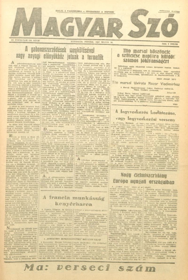 Magyar Szó, 4. évf. 1947. május 30. 134. sz. 1–8. oldal