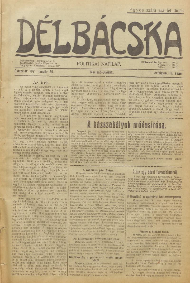 Délbácska, 2. évf. 1921. január 20. 15. sz.