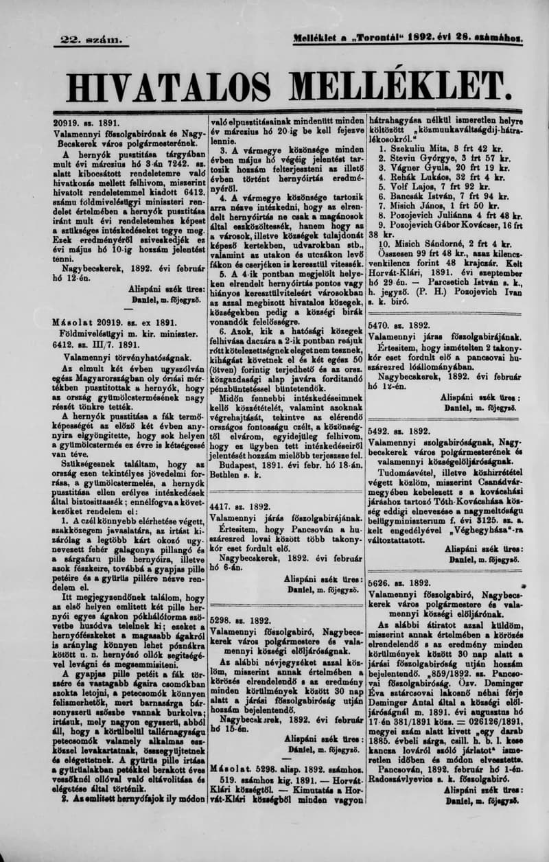 A Totontál  hivatalos melléklete, 5. évf. 1892. február 27. 22. sz.