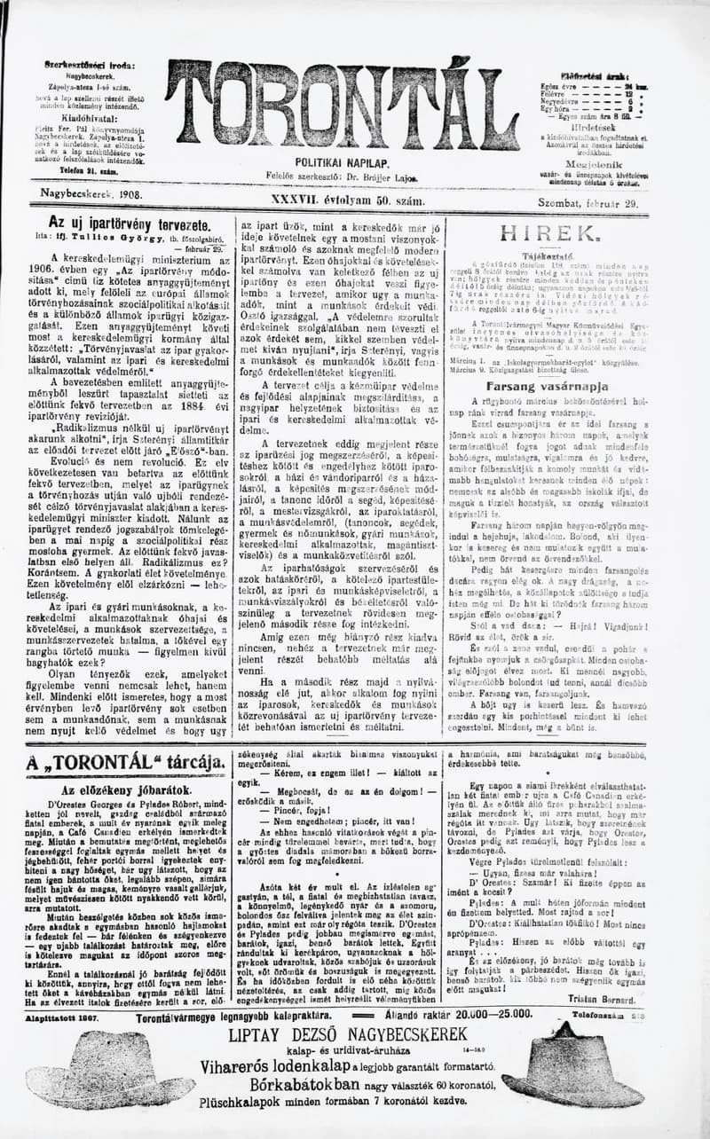 Torontál, 37. évf. 1908. február 29. 50. sz.