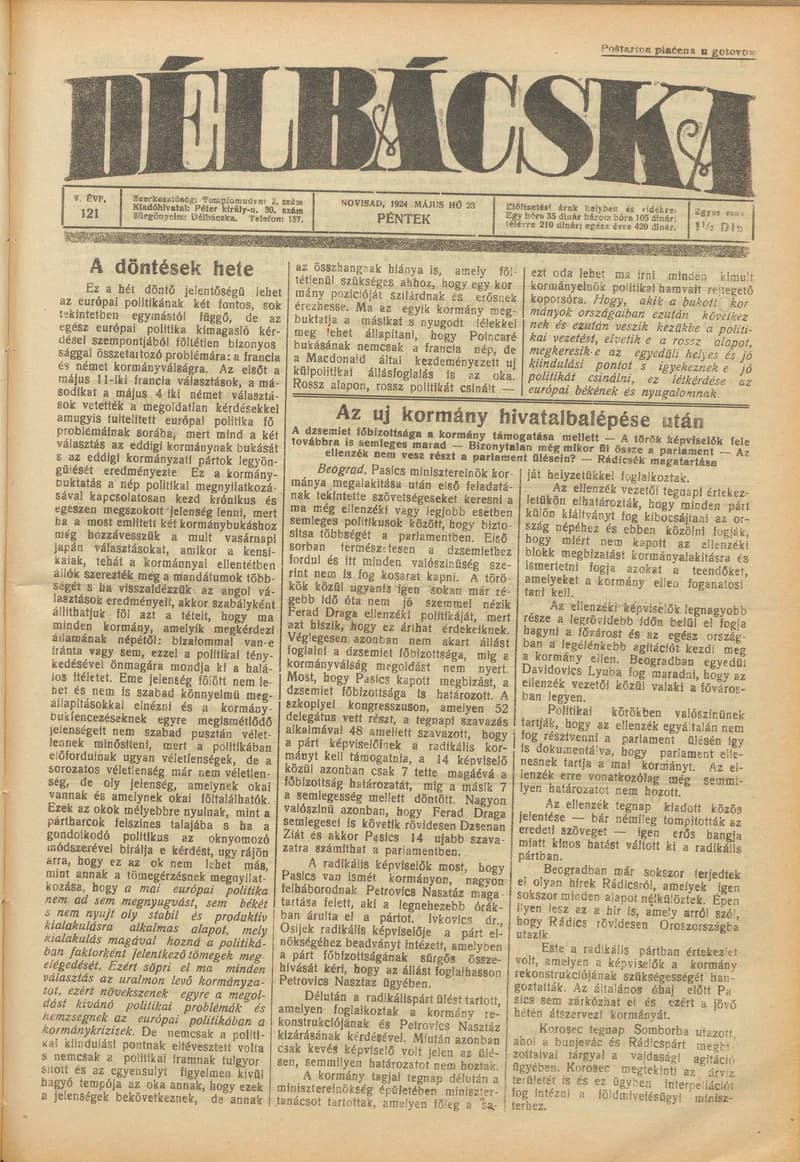 Délbácska, 5. évf. 1924. május 23. 121. sz.