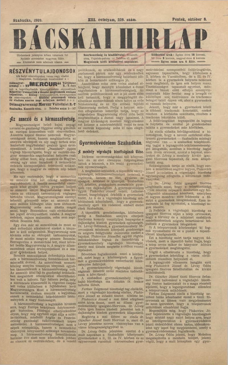 Bácskai Hirlap, 13. évf. 1909. október 8. 229. sz.