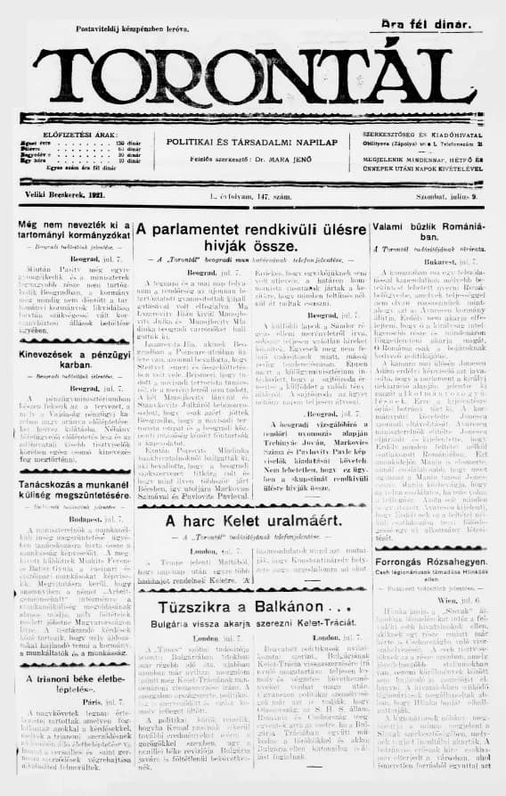 Torontál, 50. évf. 1921. július 9. 147. sz.