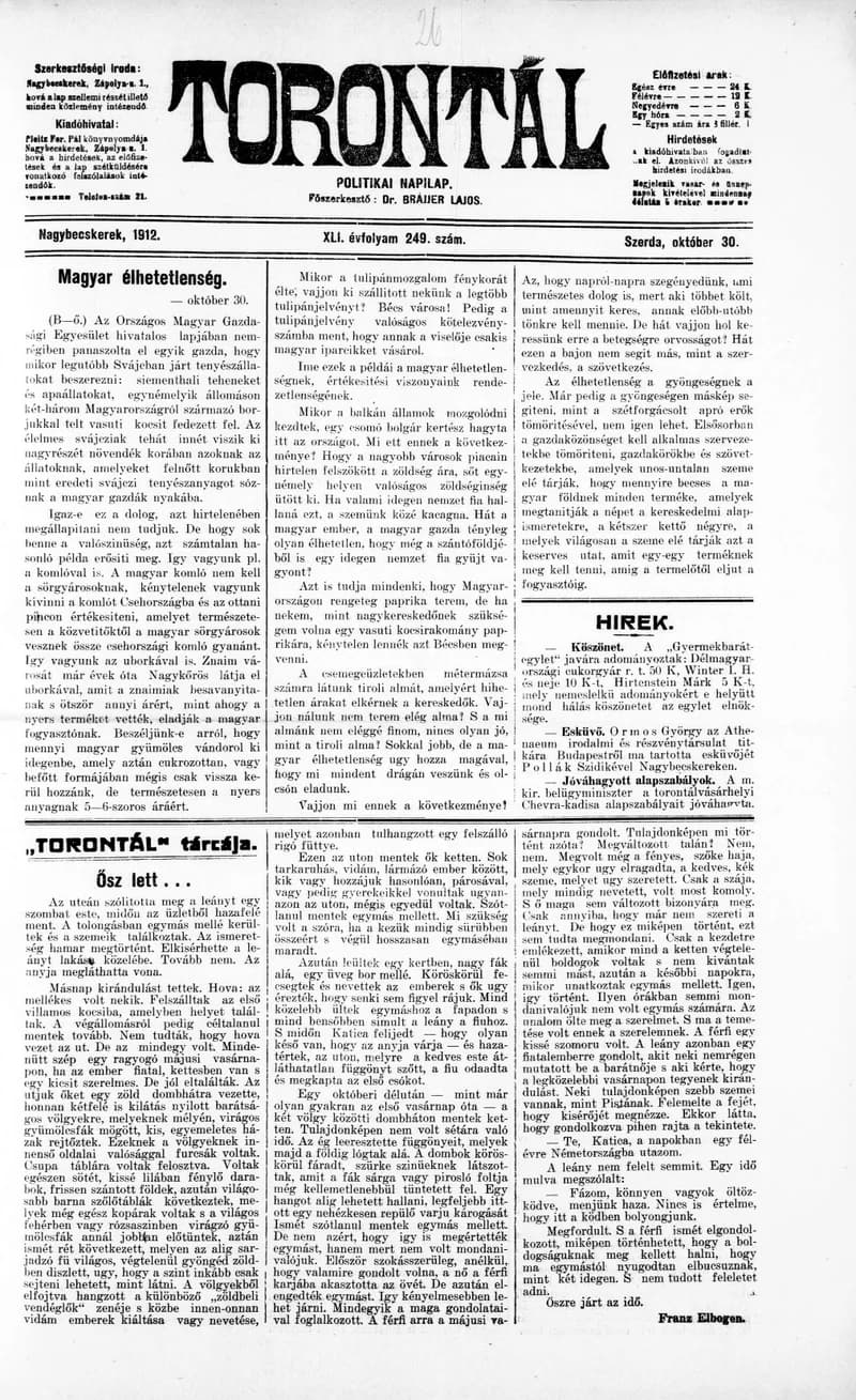 Torontál, 41. évf. 1912. október 30. 249. sz.