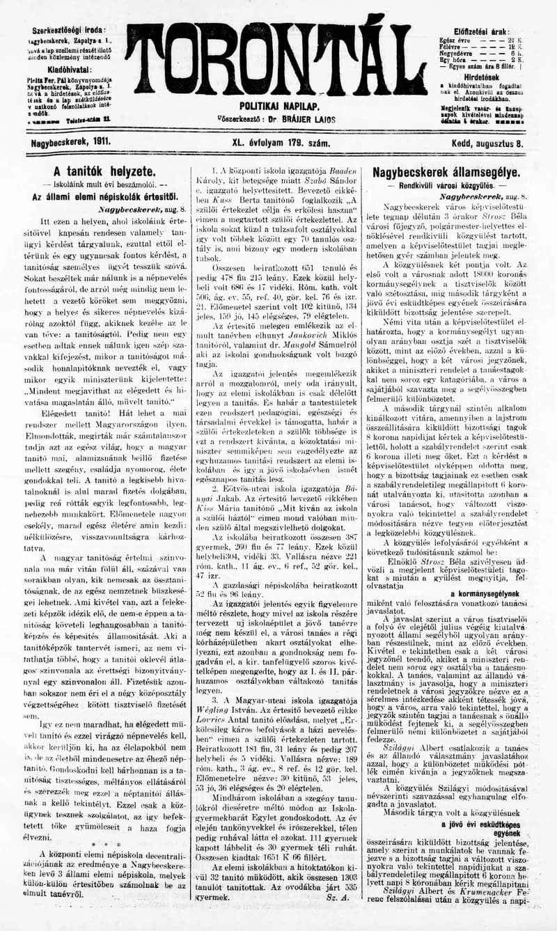 Torontál, 40. évf. 1911. augusztus 8. 179. sz.