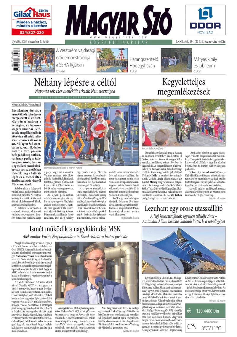 Magyar Szó, 72. évf. 2015. november 2. 254. sz. 1–20. oldal