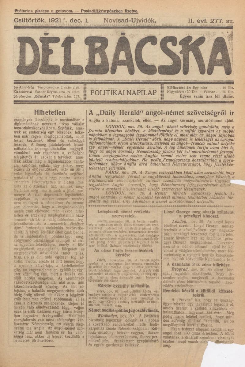 Délbácska, 2. évf. 1921. december 1. 277. sz.