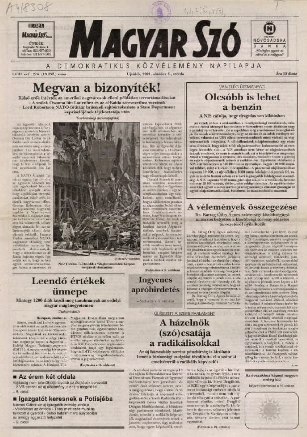 Magyar Szó, 58. évf. 2001. október 3. 226. sz. 1–16. oldal