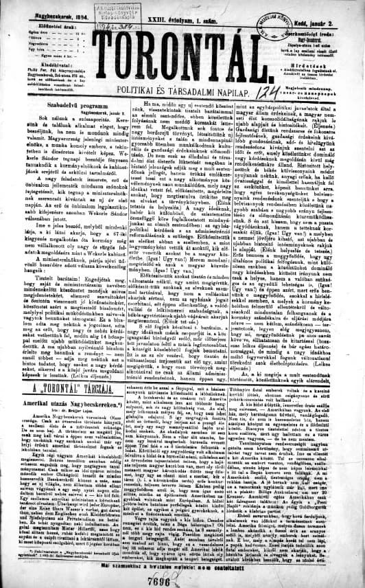 Torontál, 23. évf. 1894. január 2. 1. sz.