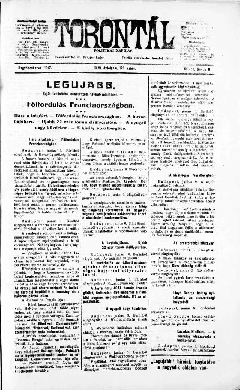 Torontál, 46. évf. 1917. június 6. 128. sz.