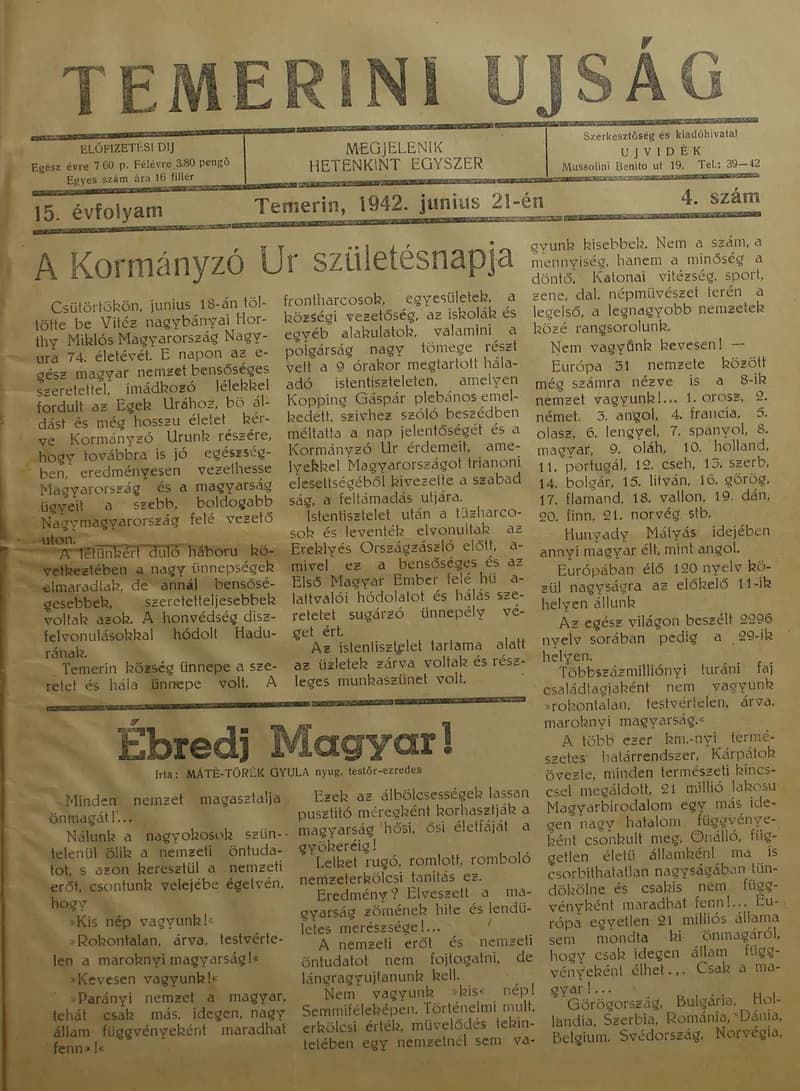 Temerini Újság 1928-1944, 15. évf. 1942. június 21. 4. sz.