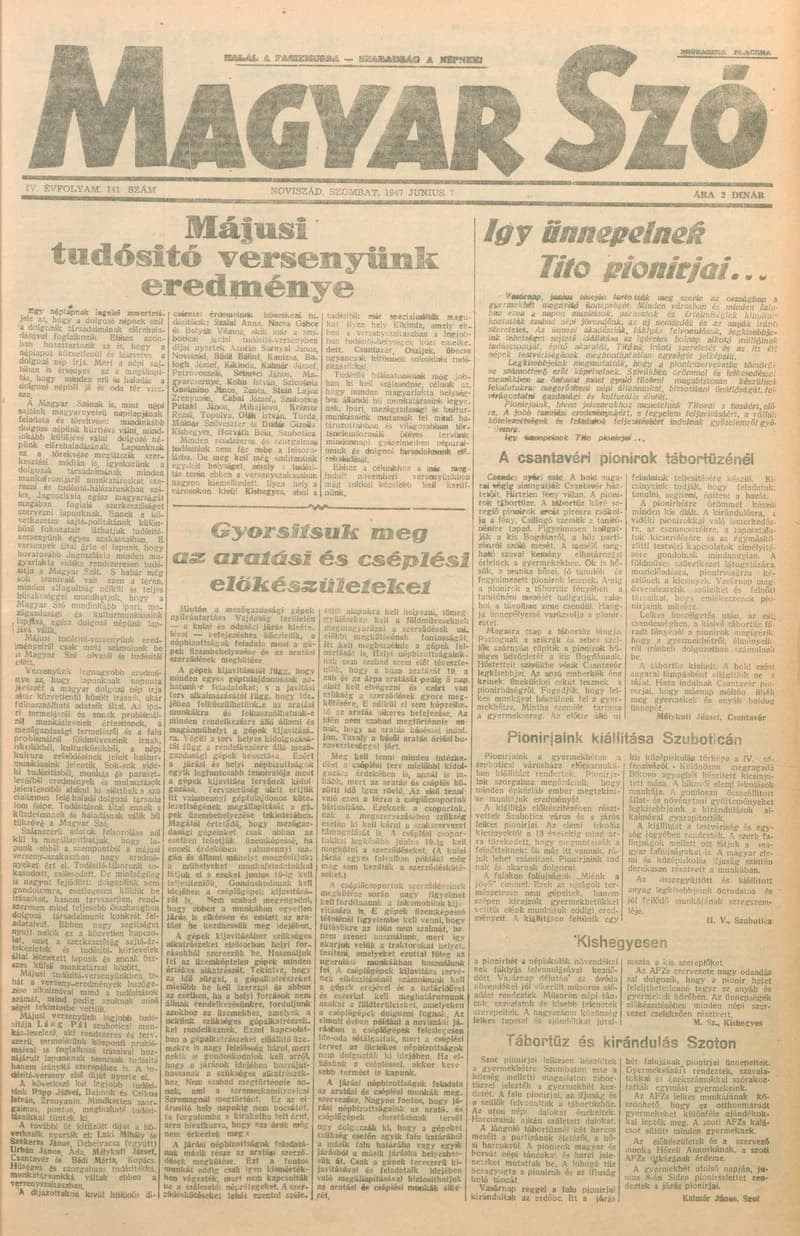 Magyar Szó, 4. évf. 1947. június 7. 141. sz. 1–6. oldal