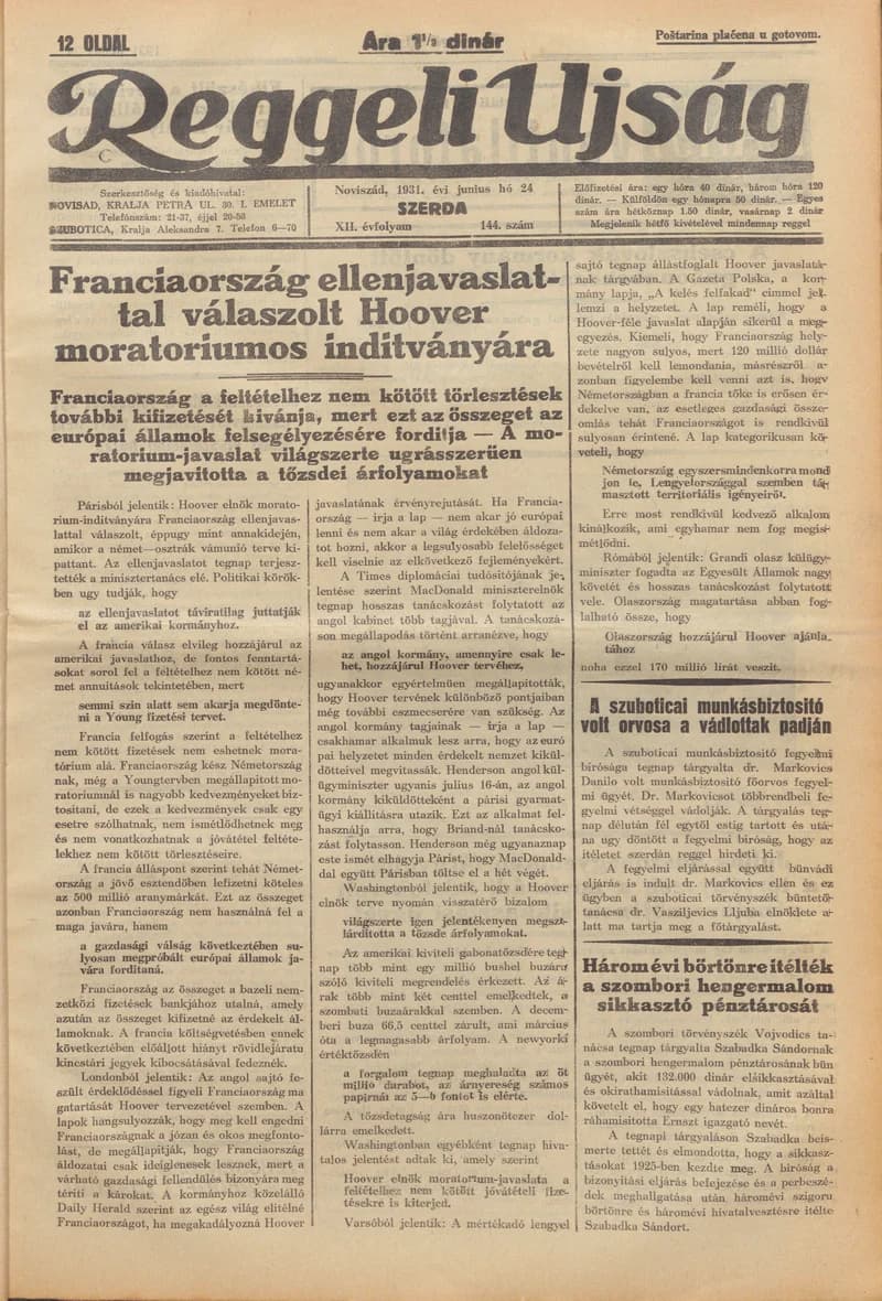 Reggeli Újság, 12. évf. 1931. június 24. 144. sz.