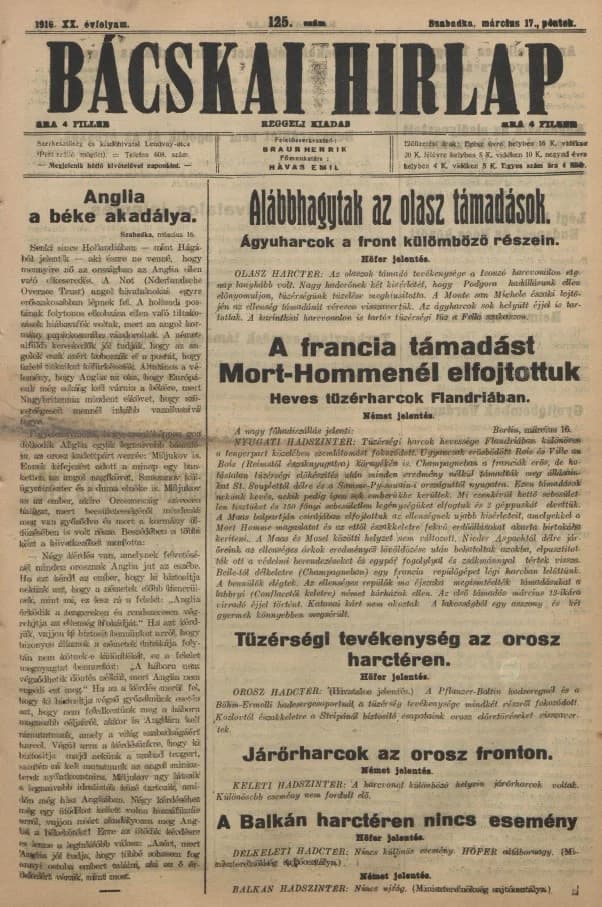 Bácskai Hirlap, 20. évf. 1916. március 17. 125. sz.