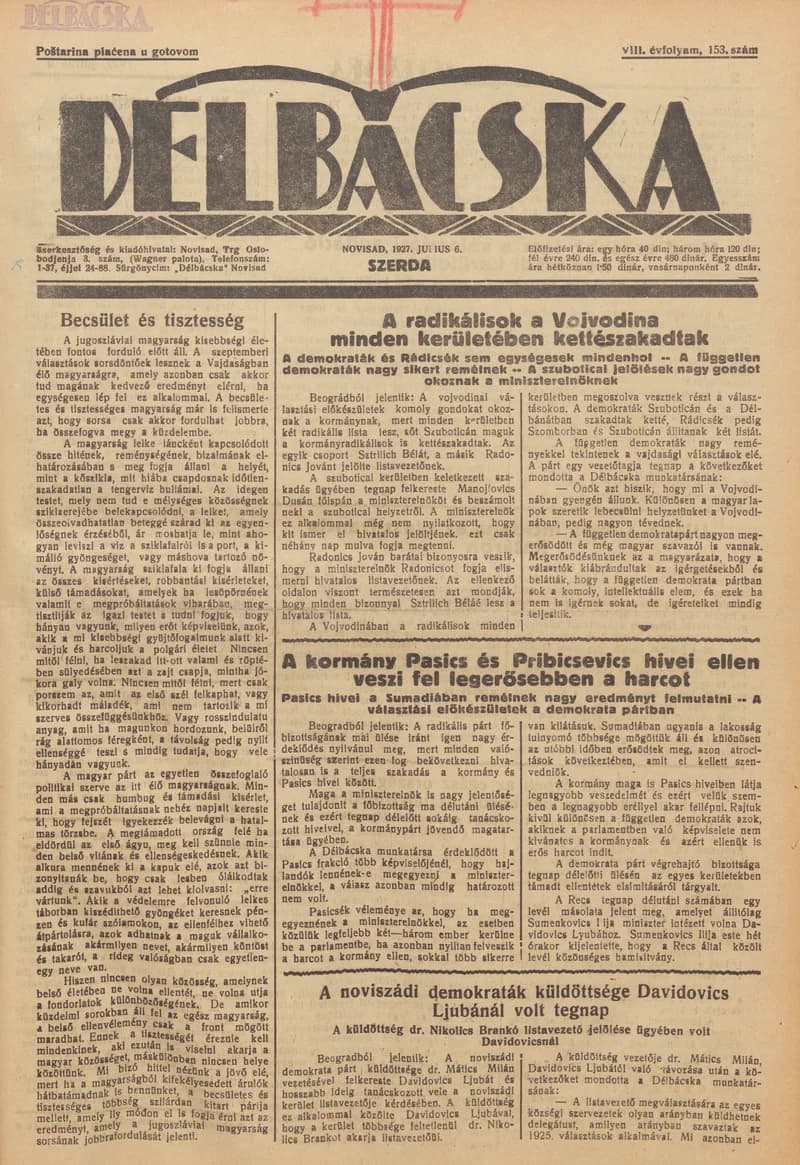 Délbácska, 8. évf. 1927. július 6. 153. sz.