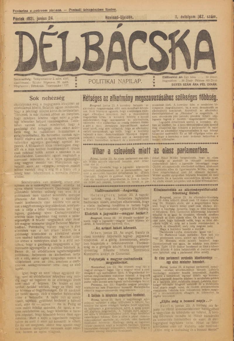 Délbácska, 2. évf. 1921. június 24. 142. sz.