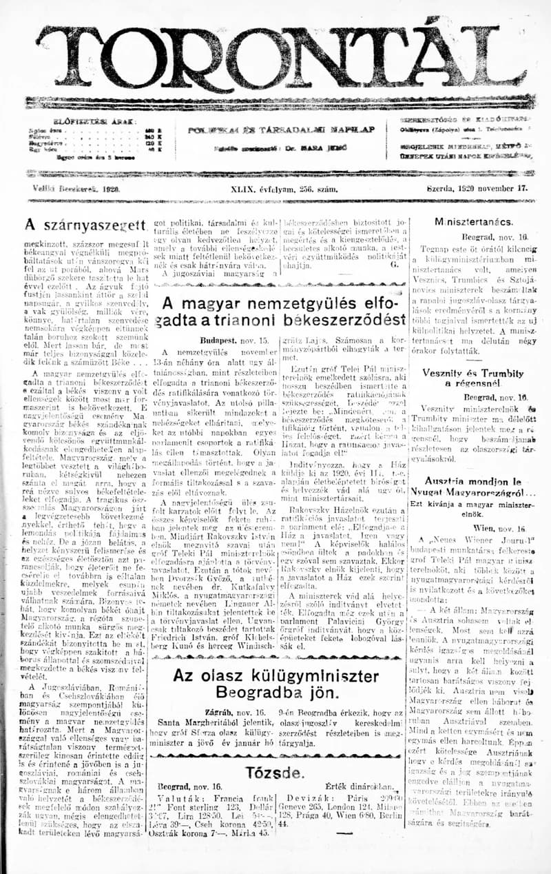 Torontál, 49. évf. 1920. november 17. 256. sz.