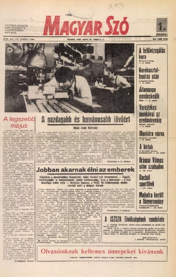 Magyar Szó, 46. évf. 1989. április 30. – május 2. 117. sz. 1–28. oldal
