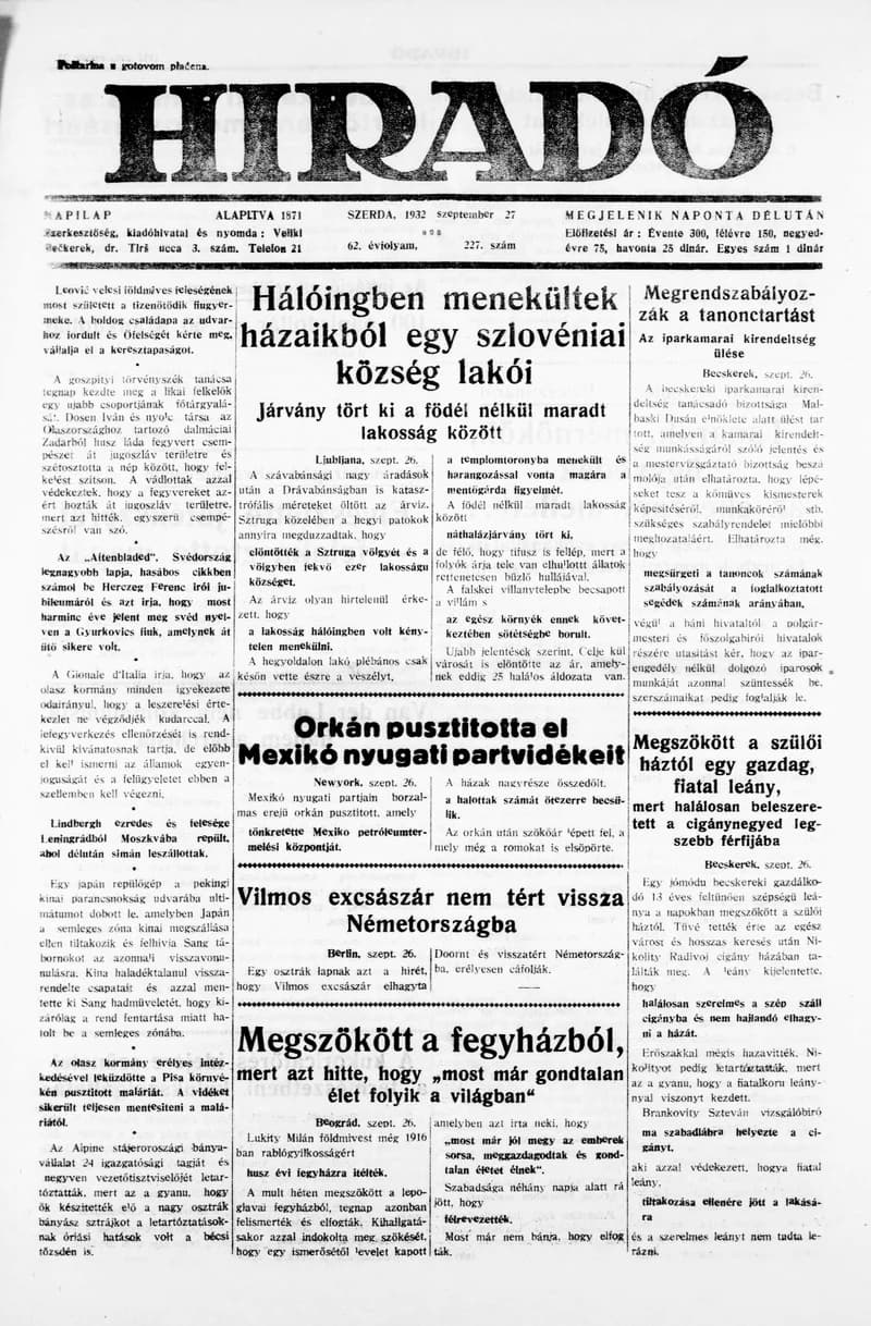 Híradó, 62. évf. 1933. szeptember 27. 227. sz.