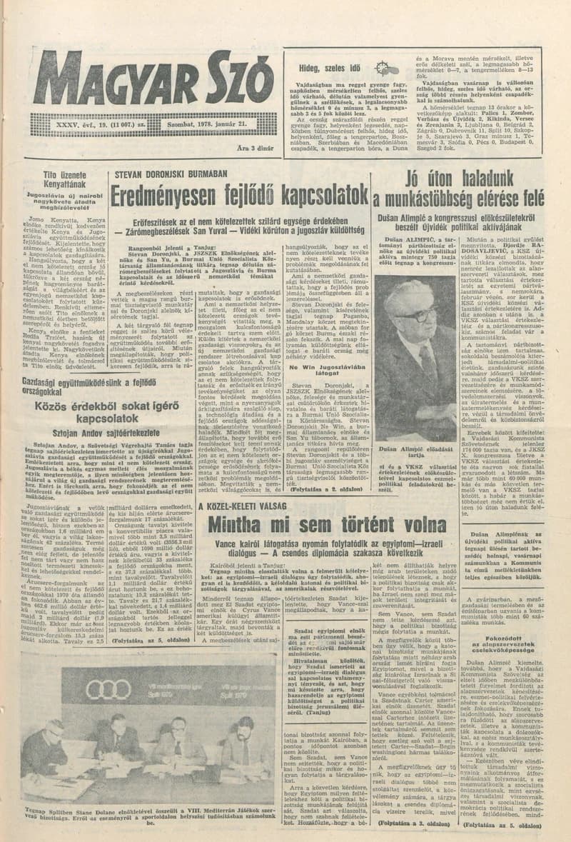Magyar Szó, 35. évf. 1978. január 21. 19. sz. 1–20. oldal