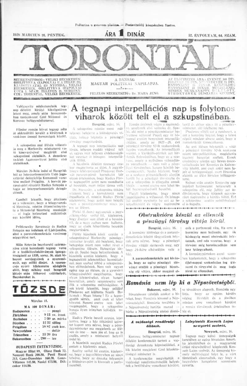 Torontál, 57. évf. 1928. március 16. 64. sz.