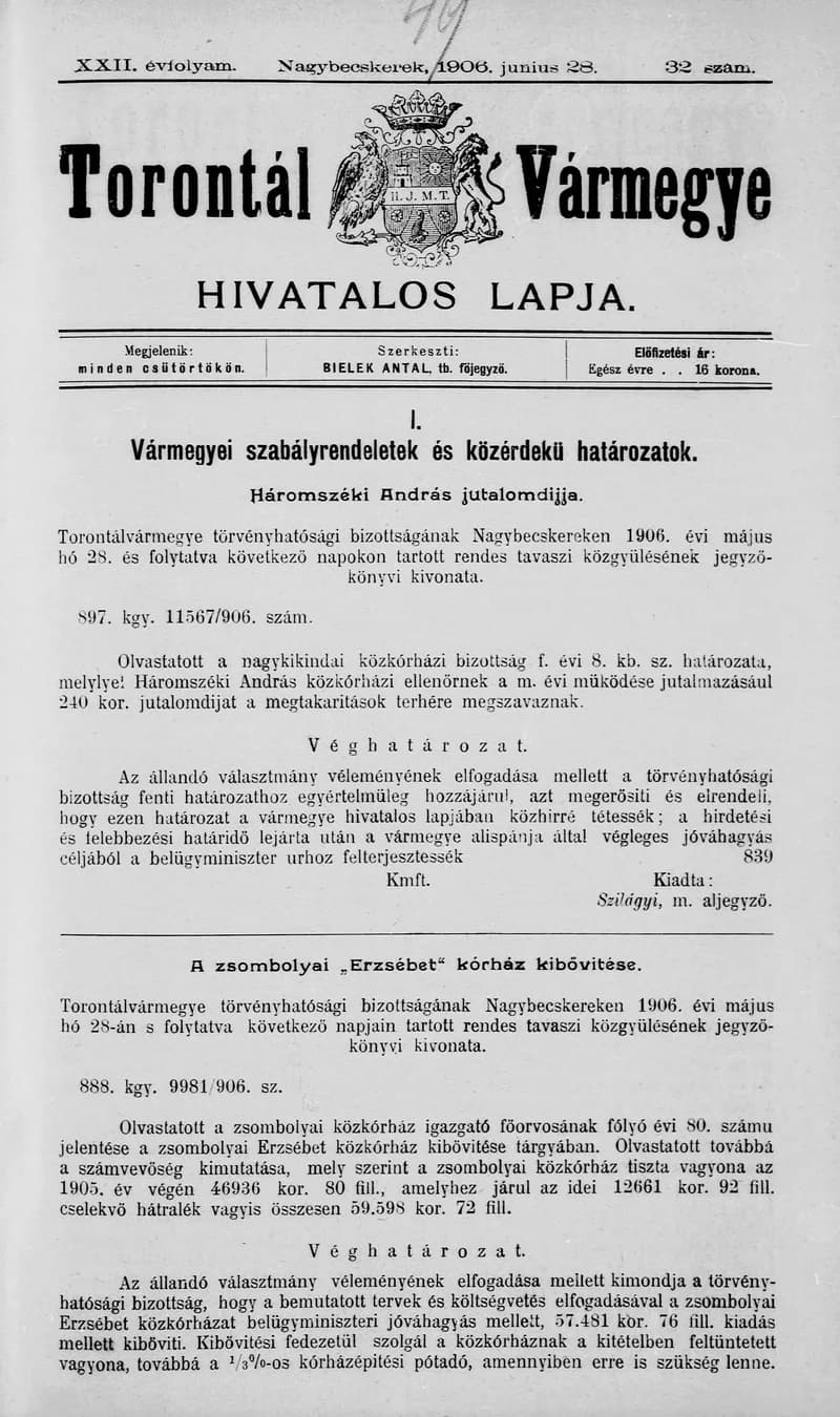 Torontál Vármegye Hivatalos Lapja, 22. évf. 1906. június 28. 32. sz.