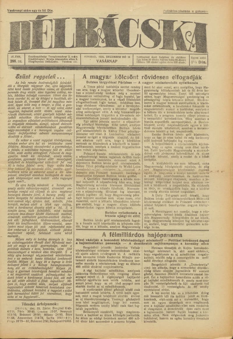 Délbácska, 4. évf. 1923. december 16. 288. sz.