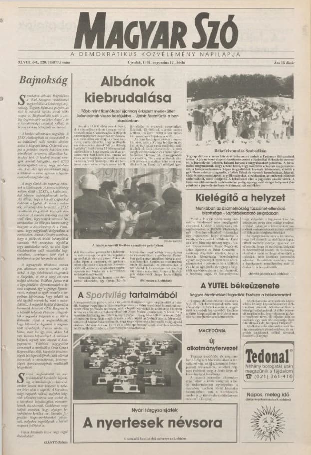 Magyar Szó, 48. évf. 1991. augusztus 12. 220. sz. 1–20. oldal