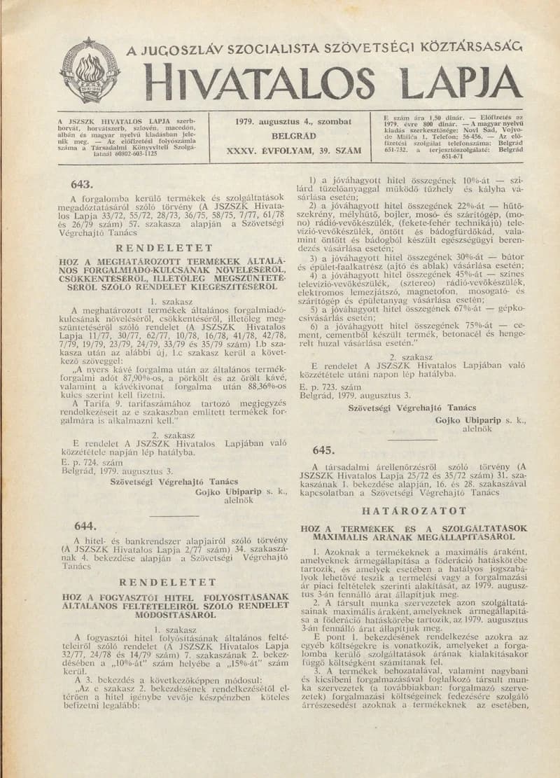 A Jugoszláv Szocialista Szövetségi Köztársaság Hivatalos Lapja, 35. évf. 1979. augusztus 4. 39. sz. 1253–1256. oldal