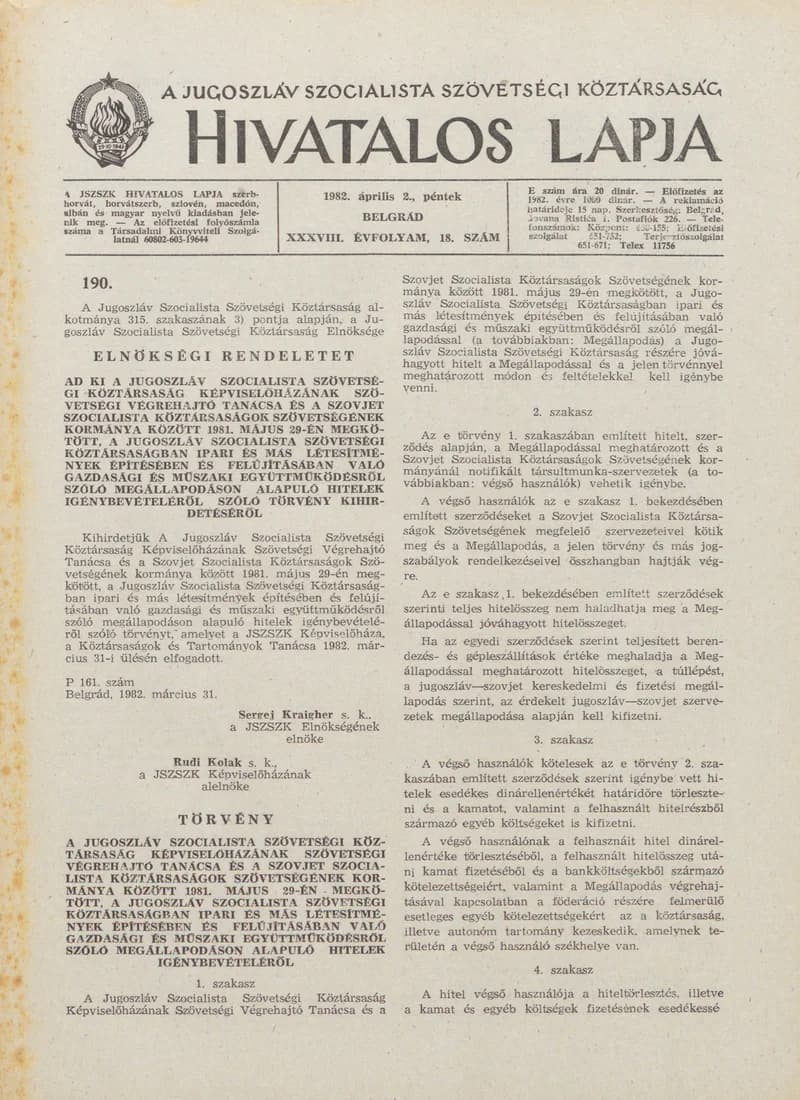 A Jugoszláv Szocialista Szövetségi Köztársaság Hivatalos Lapja, 38. évf. 1982. április 2. 18. sz. 469–508. oldal