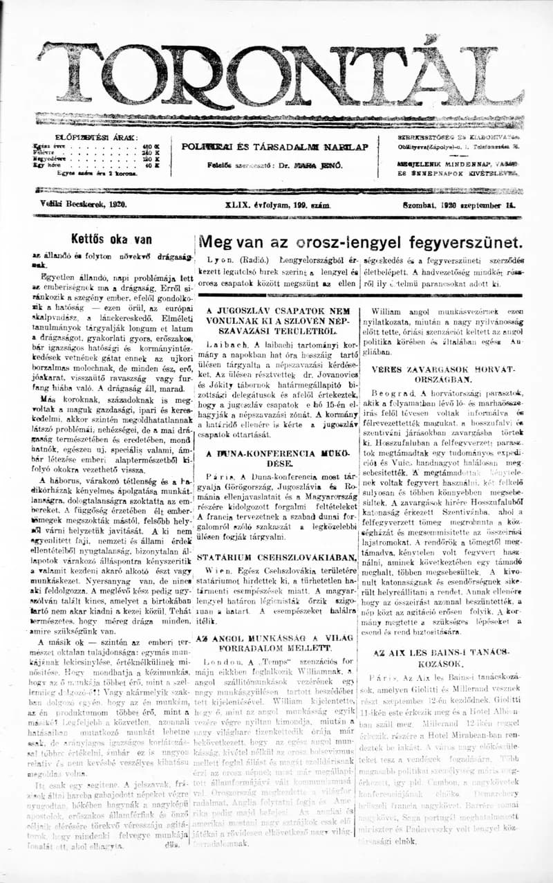 Torontál, 49. évf. 1920. szeptember 11. 199. sz.