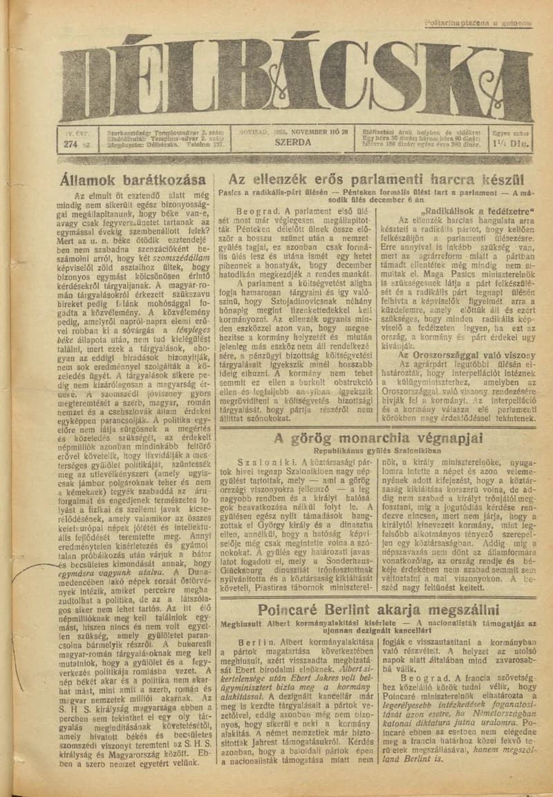 Délbácska, 4. évf. 1923. november 28. 274. sz.