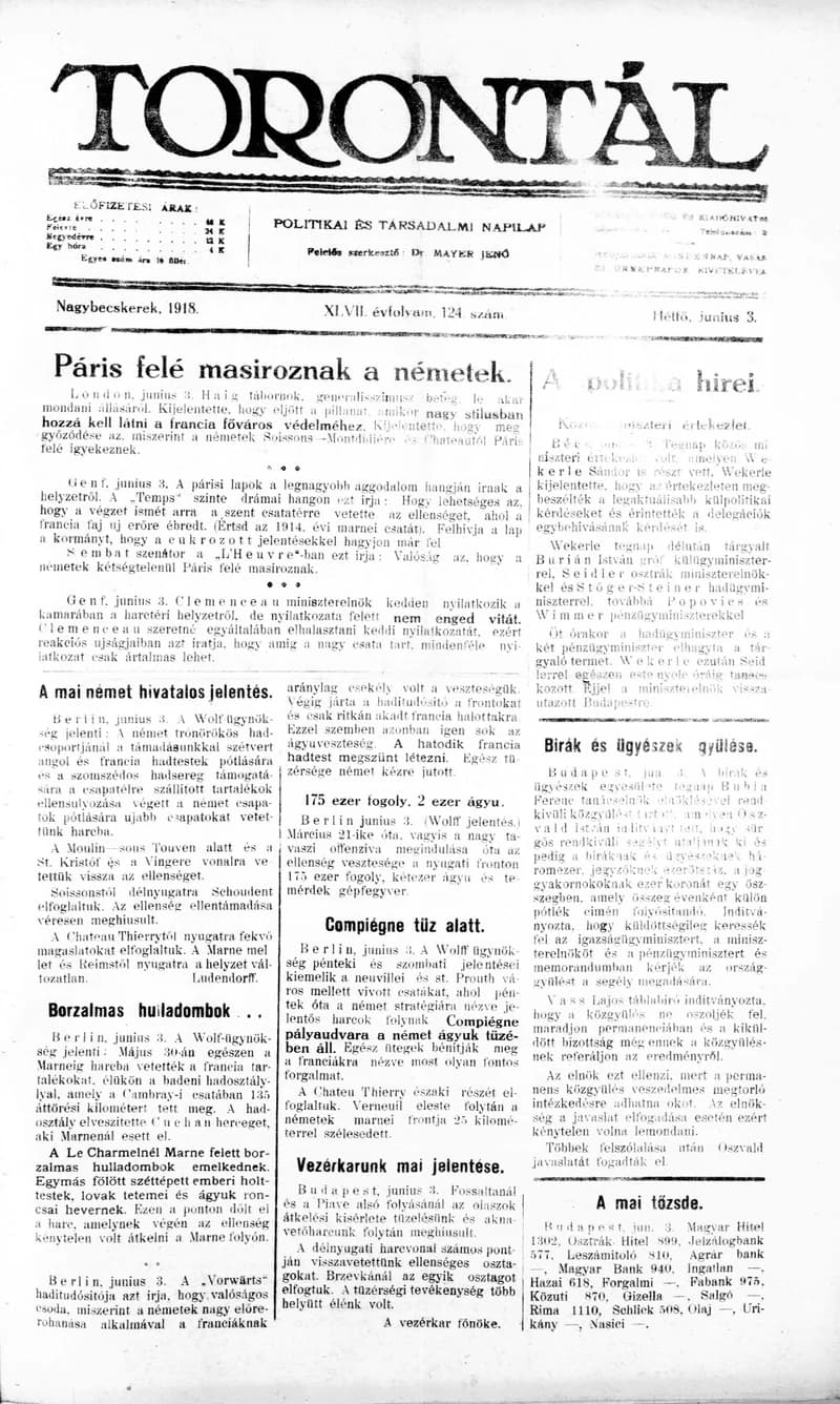 Torontál, 47. évf. 1918. június 3. 124. sz.