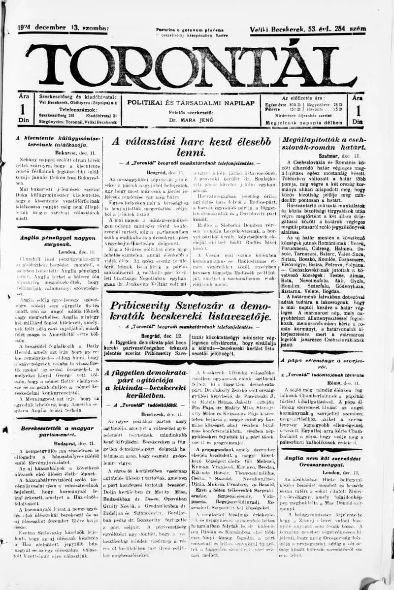 Torontál, 53. évf. 1924. december 13. 284. sz.