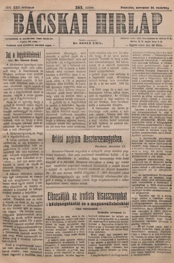 Bácskai Hirlap, 22. évf. 1918. november 24. 263. sz.